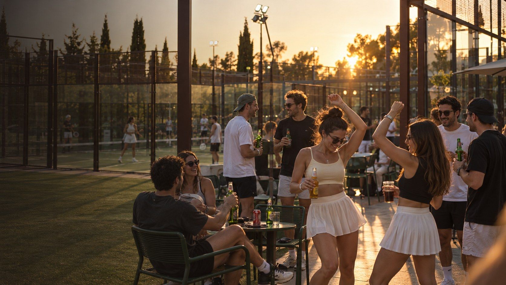 Friends dancing and having drinks at sunset next to the padel courts
