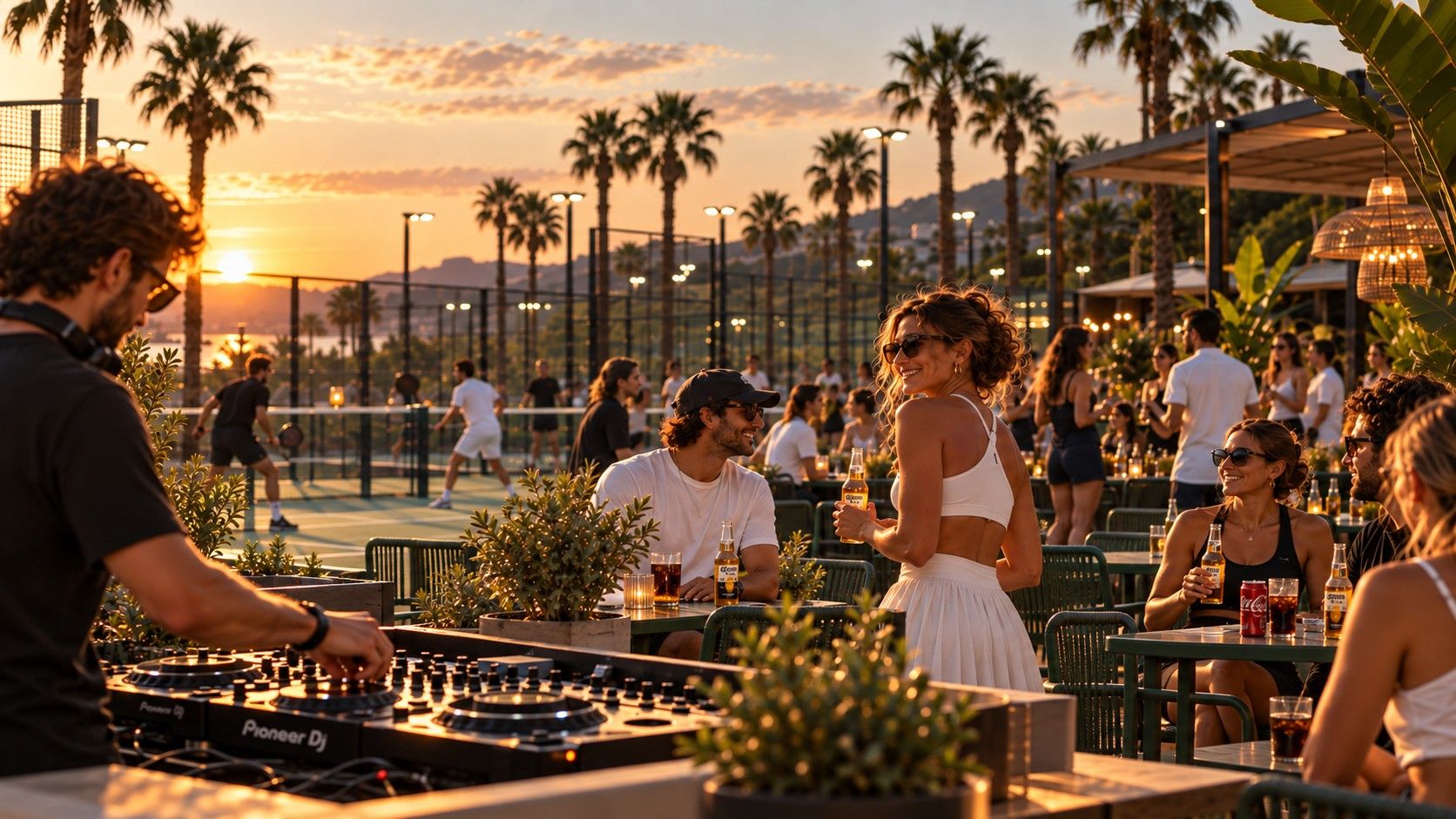 DJ, padel players and guests with drinks at sunset at W Padel Country Club, Lisbon