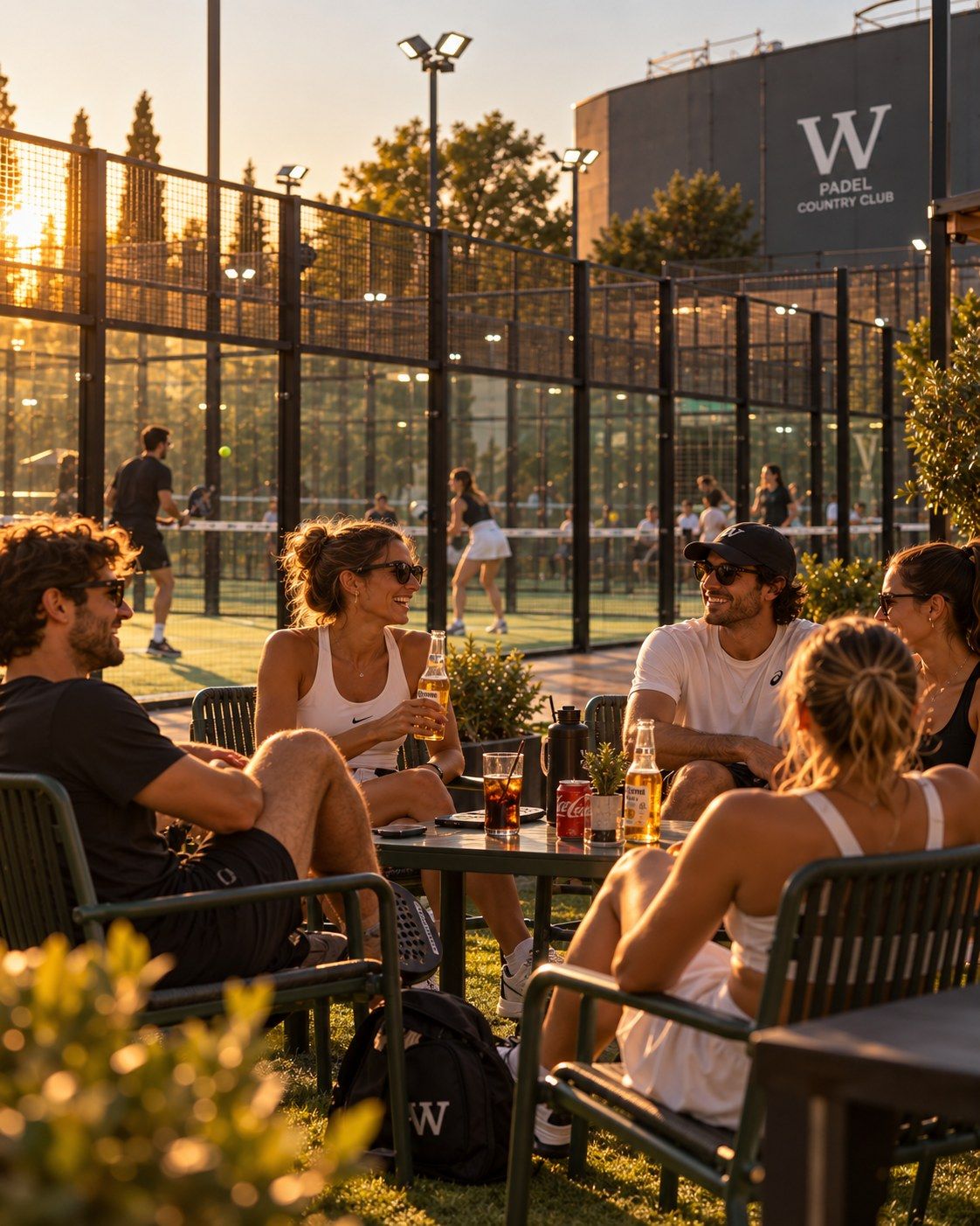 Friends with drinks next to the courts at W Padel Country Club