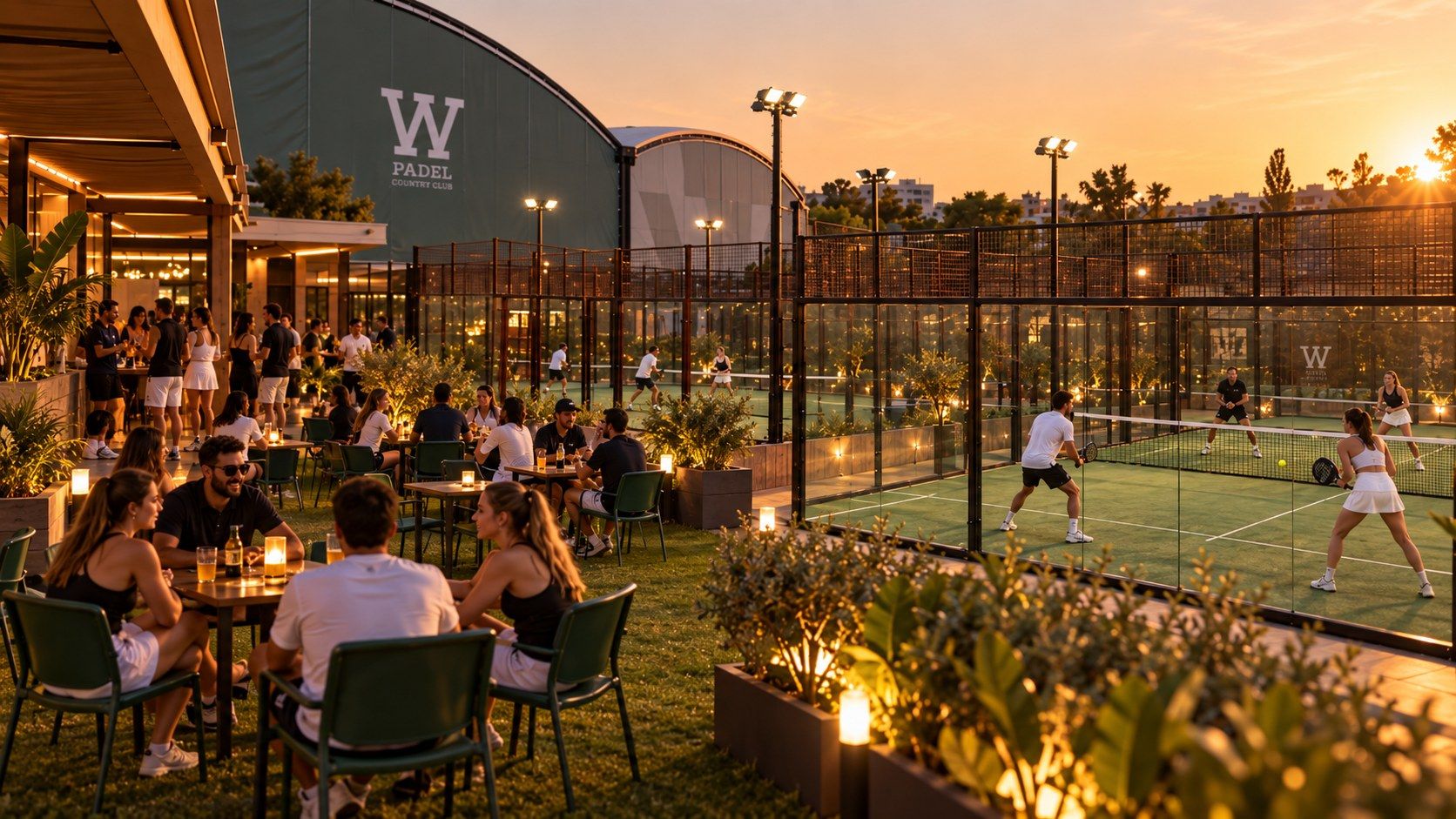 Terrace and padel courts at W Padel Country Club at sunset